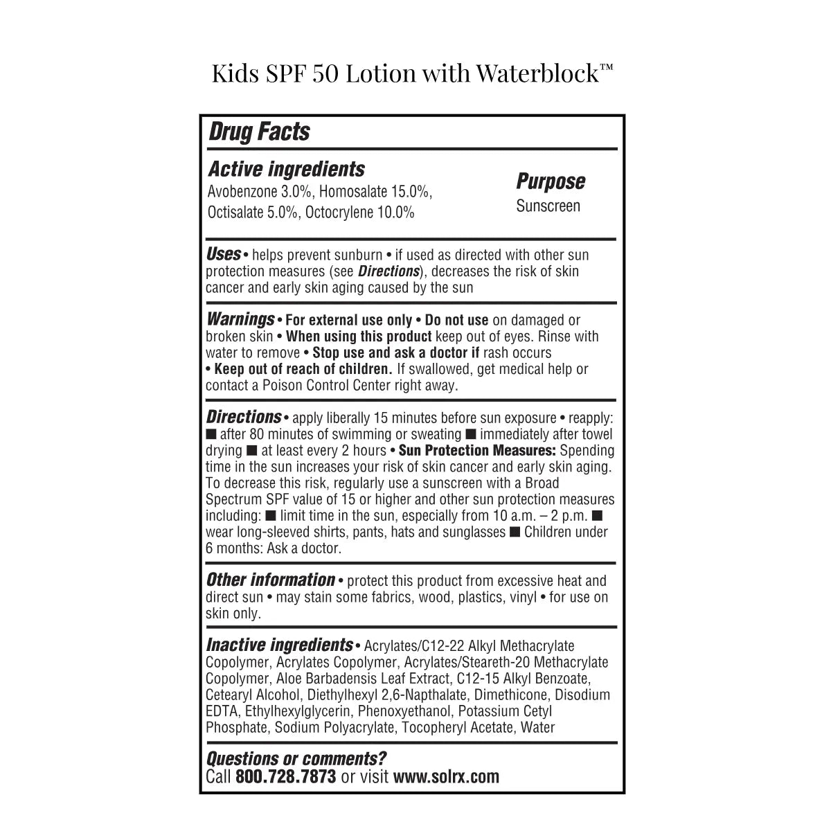 Official drug facts, active ingredients, and usage instructions panel for SolRX Kids SPF 50 sunscreen lotion.