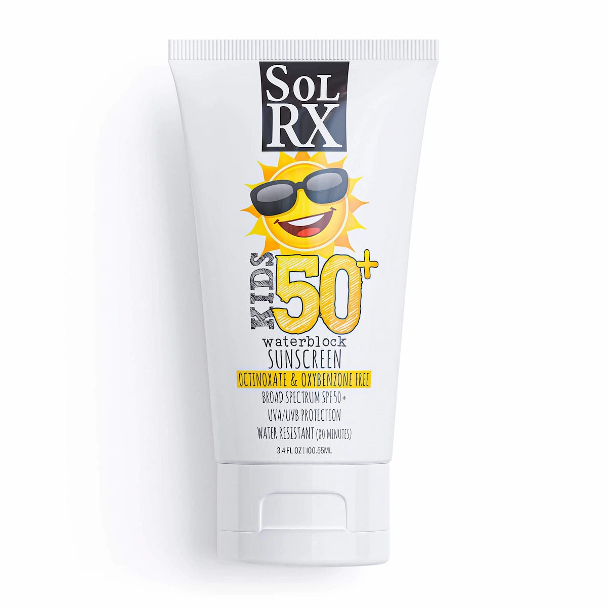 Front view of the SolRX Kids SPF 50 Waterblock sunscreen lotion 100ml squeeze tube featuring a cartoon sun graphic.