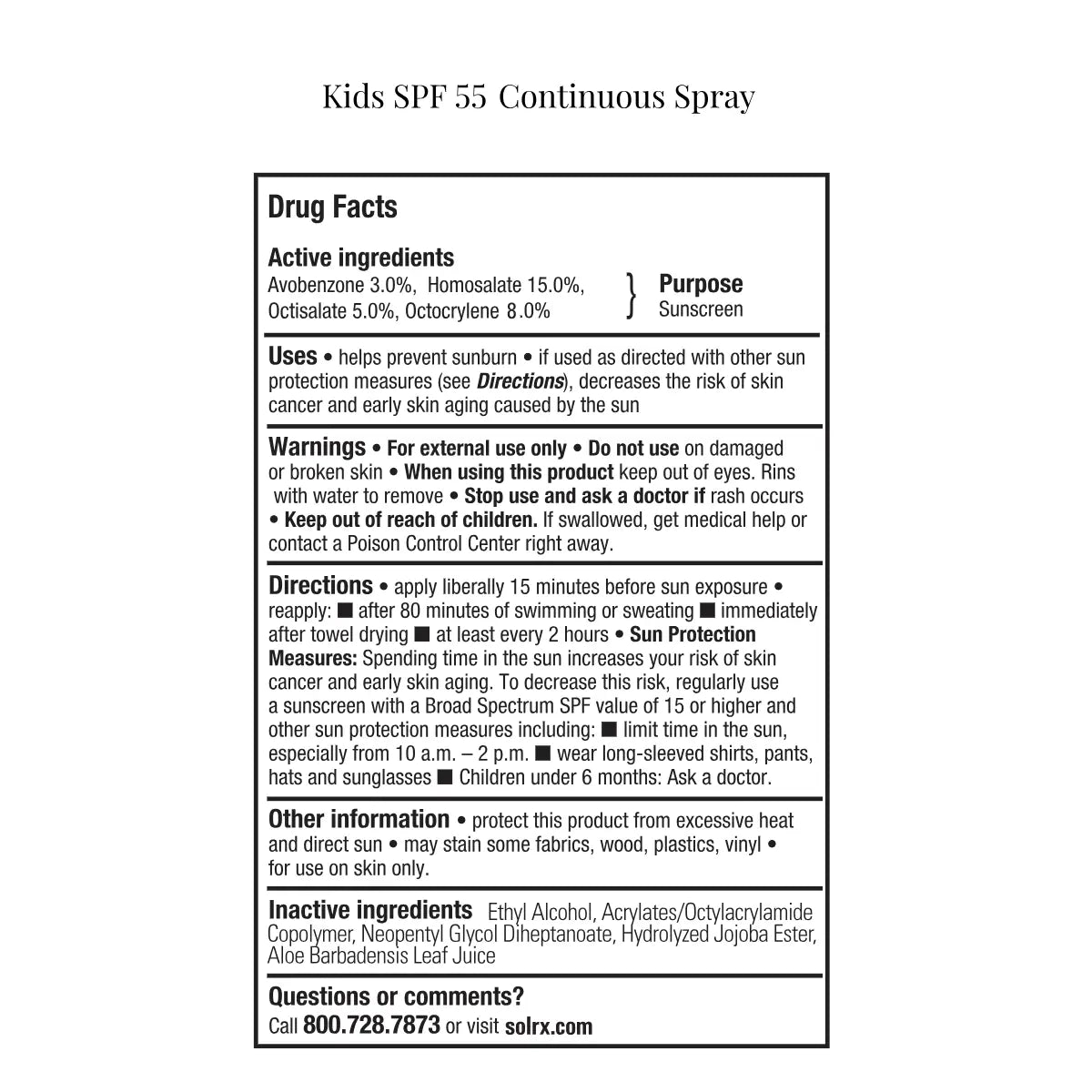 Drug facts and usage instructions label panel on the back of SolRX Kids SPF 55 continuous spray sunscreen.