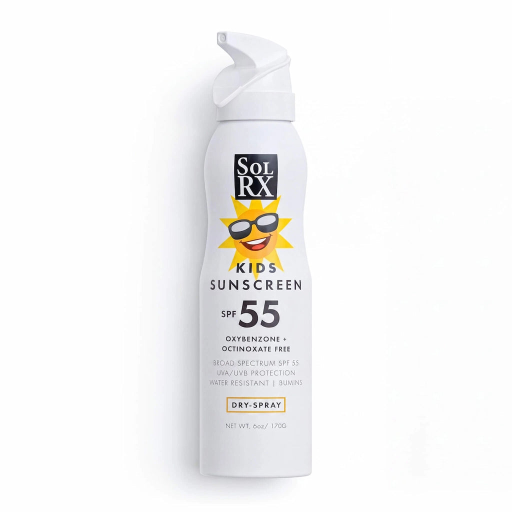 Front view of SolRX Kids SPF 55 continuous dry-spray sunscreen 170g can featuring a cartoon sun graphic.