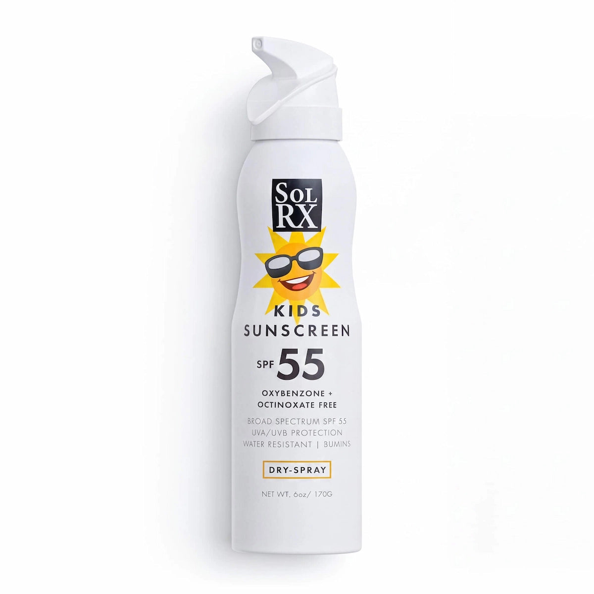 Front view of SolRX Kids SPF 55 continuous dry-spray sunscreen 170g can featuring a cartoon sun graphic.