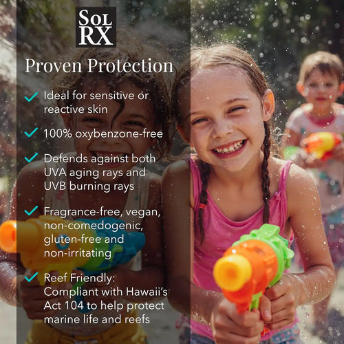 A child playing happily in water splashes to showcase the 80-minute water resistance of SolRX Kids SPF 55 spray.
