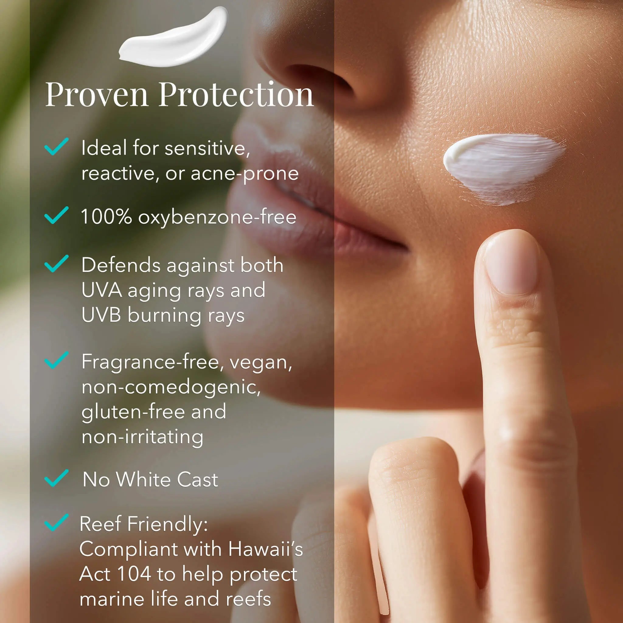SolRX Mineral sunscreen application on face showing a clear, non-greasy finish with no white cast or residue