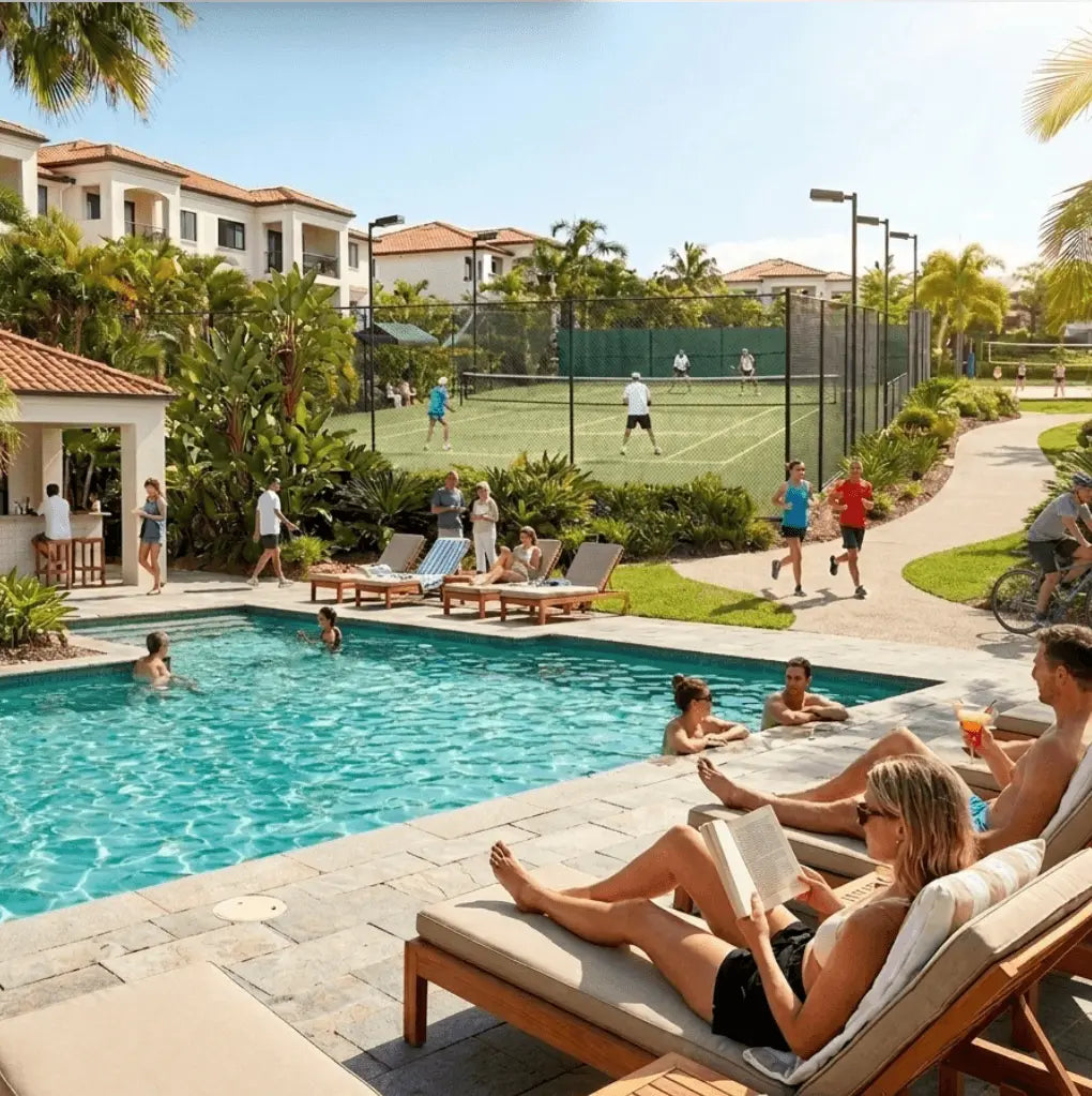 People relaxing by a resort pool using SolRX sport and mineral sunscreen for holiday sun safety