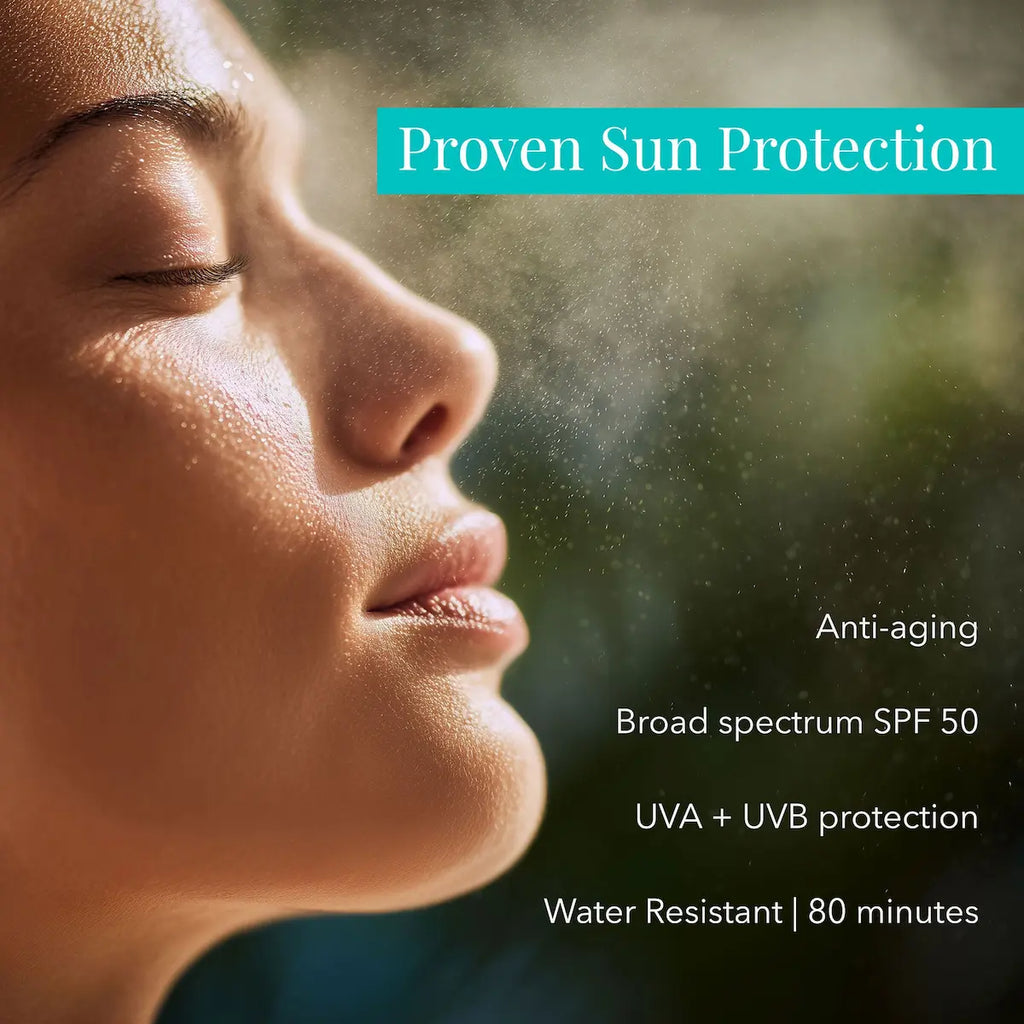 A fine mist of SolRX broad-spectrum SPF 50 water-resistant sunscreen spray being applied to a person's face for protection.
