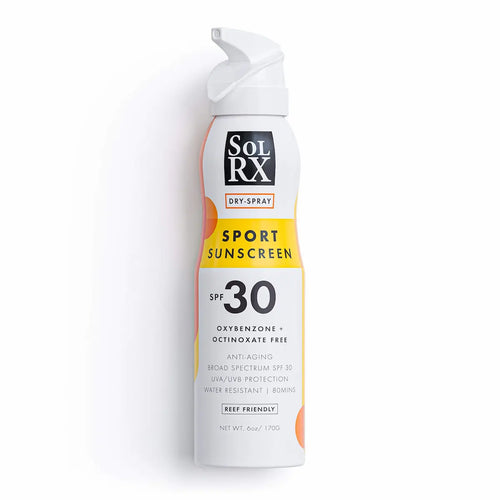 A single 170g bottle of SolRX Sport dry spray sunscreen with SPF 30 protection, isolated on a clean white background.