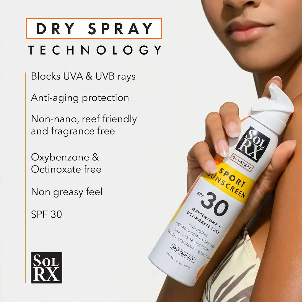 Benefits infographic for SolRX Sport SPF 30 dry spray sunscreen. Highlights reef-friendly, fragrance-free formula.