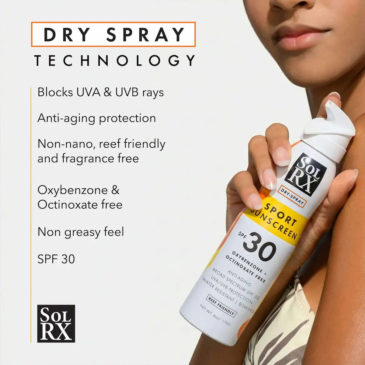 Benefits infographic for SolRX Sport SPF 30 dry spray sunscreen. Highlights reef-friendly, fragrance-free formula.