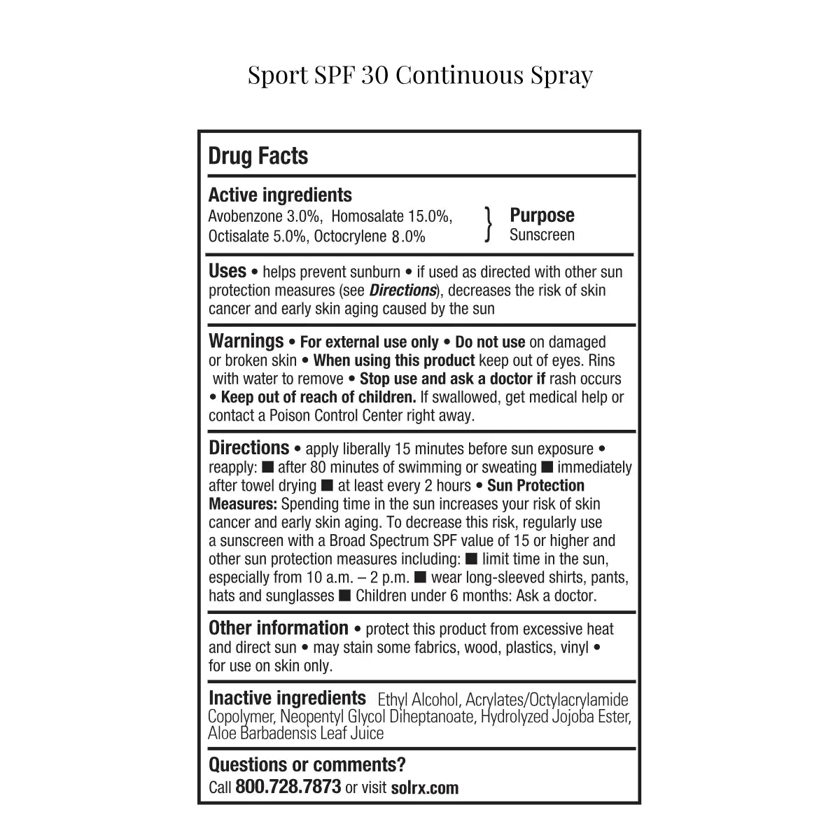 Official drug facts and active ingredients label panel for SolRX Sport SPF 30 continuous spray sunscreen.