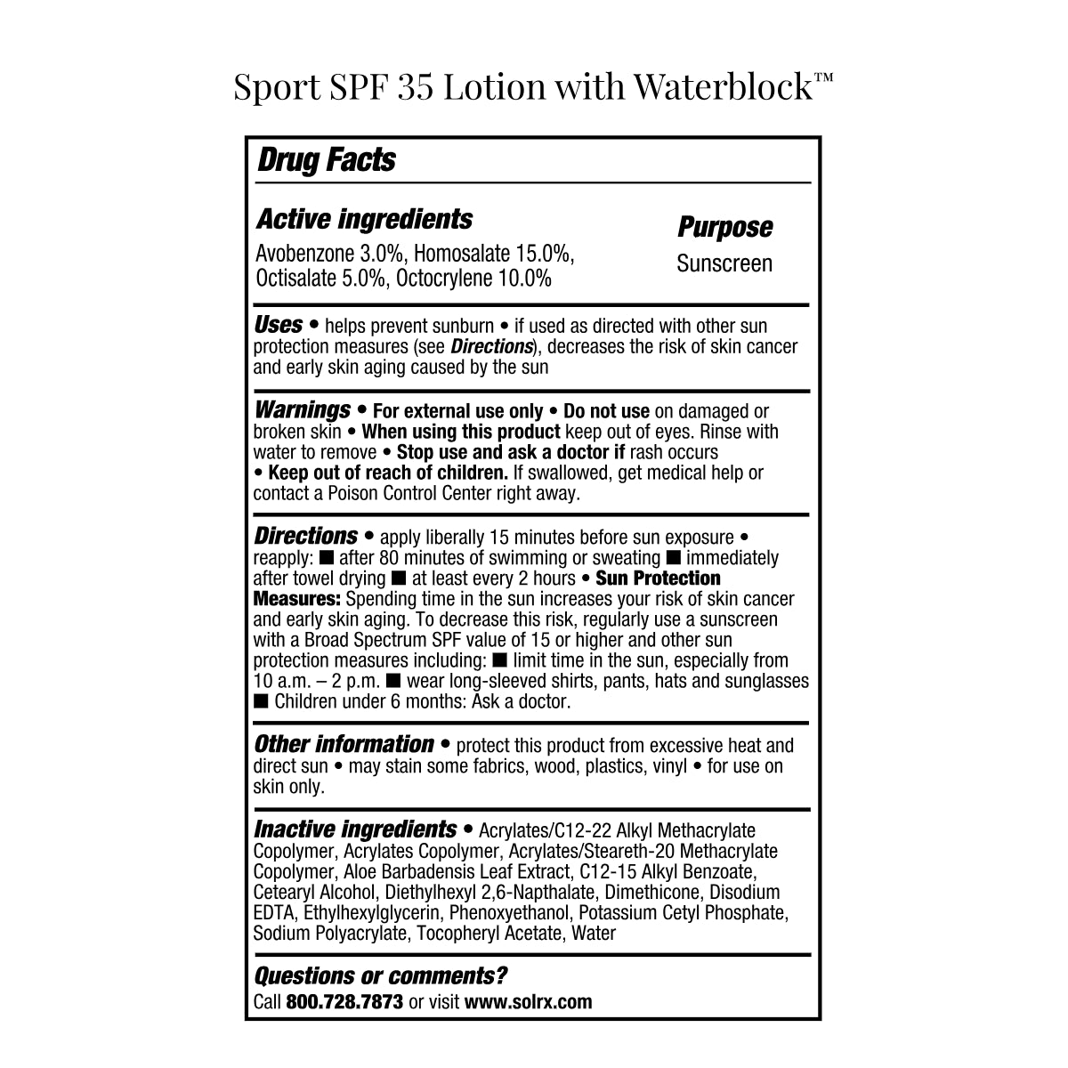 Back of pack label for SolRX Sport 35; includes drug facts, directions, and hypoallergenic ingredients