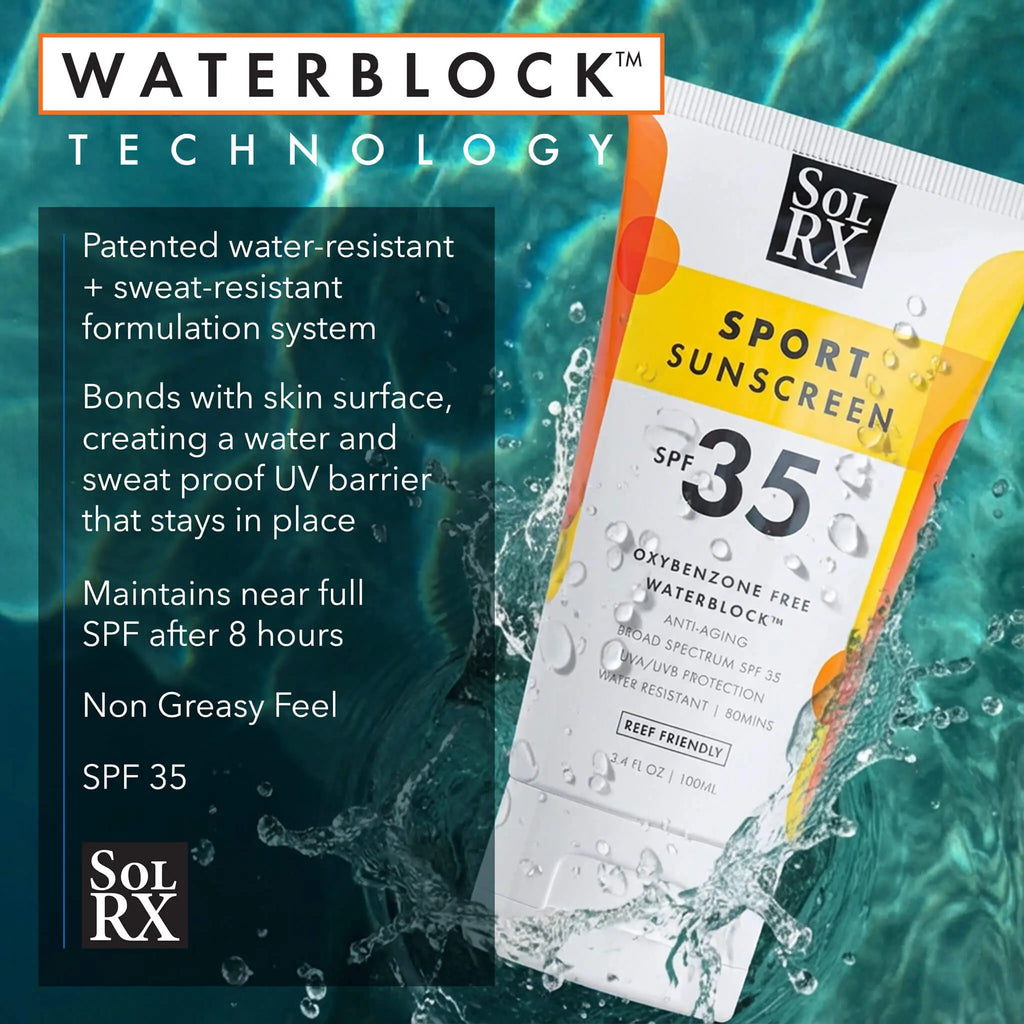 SolRX Sport 35 features: Waterblock technology with a lightweight, non-comedogenic feel and 8-hour defence