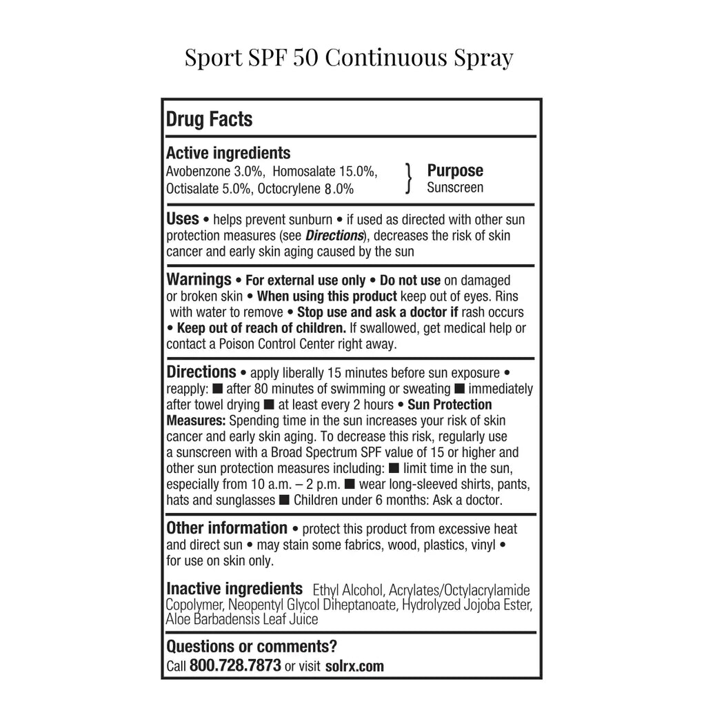 Official drug facts and active ingredients label panel for SolRX Sport SPF 50 continuous spray sunscreen.