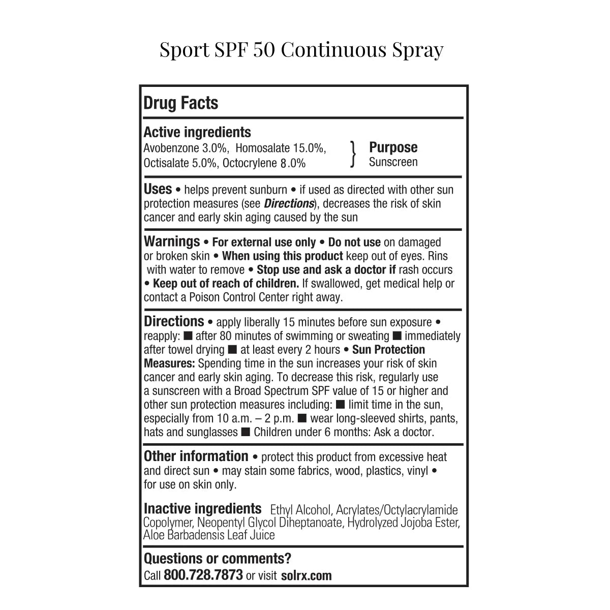Official drug facts and active ingredients label panel for SolRX Sport SPF 50 continuous spray sunscreen.
