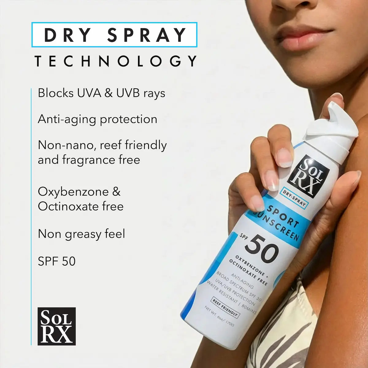 Benefits infographic for SolRX Sport SPF 50 dry spray sunscreen. Highlights reef-friendly, broad-spectrum protection.