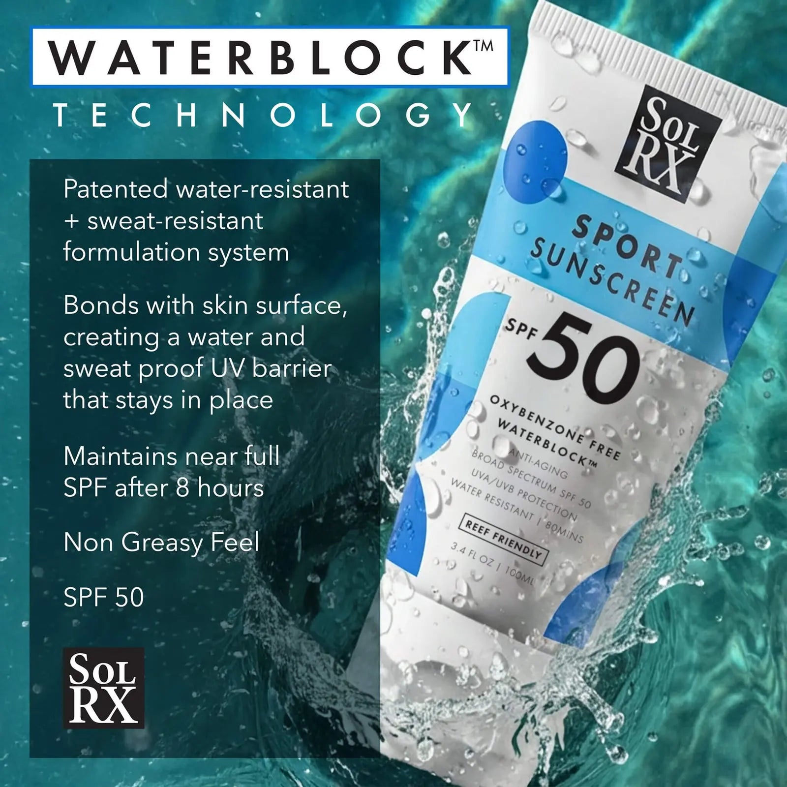 SolRX Sport 50 benefits: 8-hour water resistance and a sweat-proof formula that won't run into eyes or sting