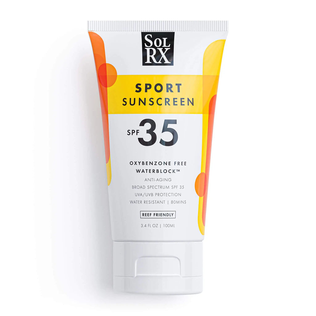 SolRX Sport SPF 35 Sunscreen; 3.4oz tube of daily-use water-resistant formula for outdoor sun protection