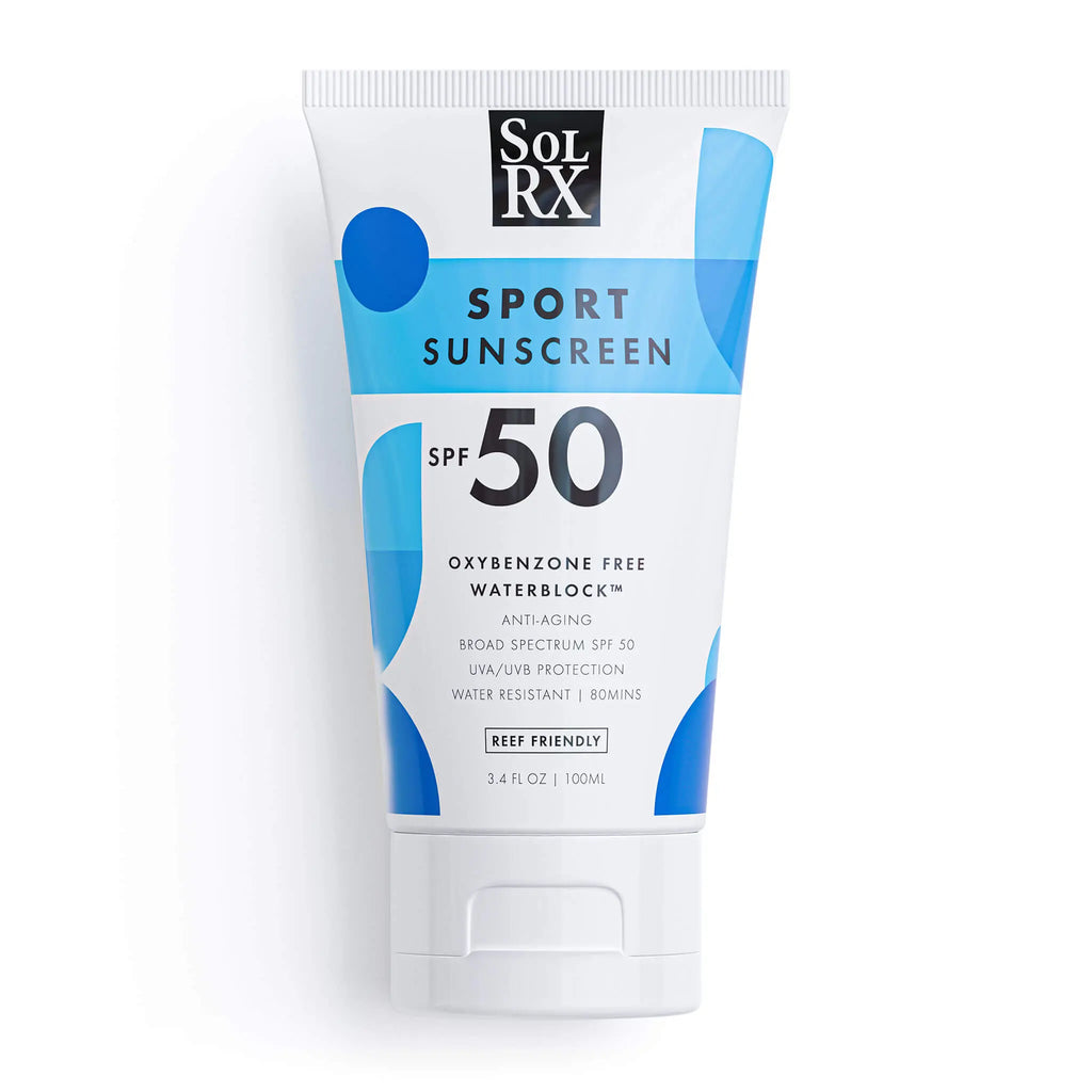 SolRX Sport SPF 50 Sunscreen; athlete-tested Waterblock technology for 8-hour sweat-proof UV protection