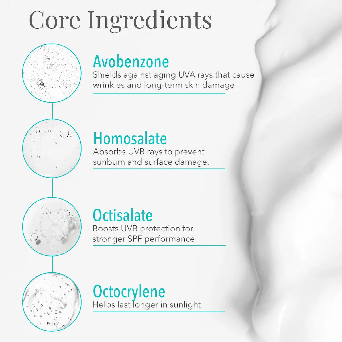 Active ingredients infographic for SolRX sunscreen, detailing the UV protective benefits of Avobenzone and Homosalate.