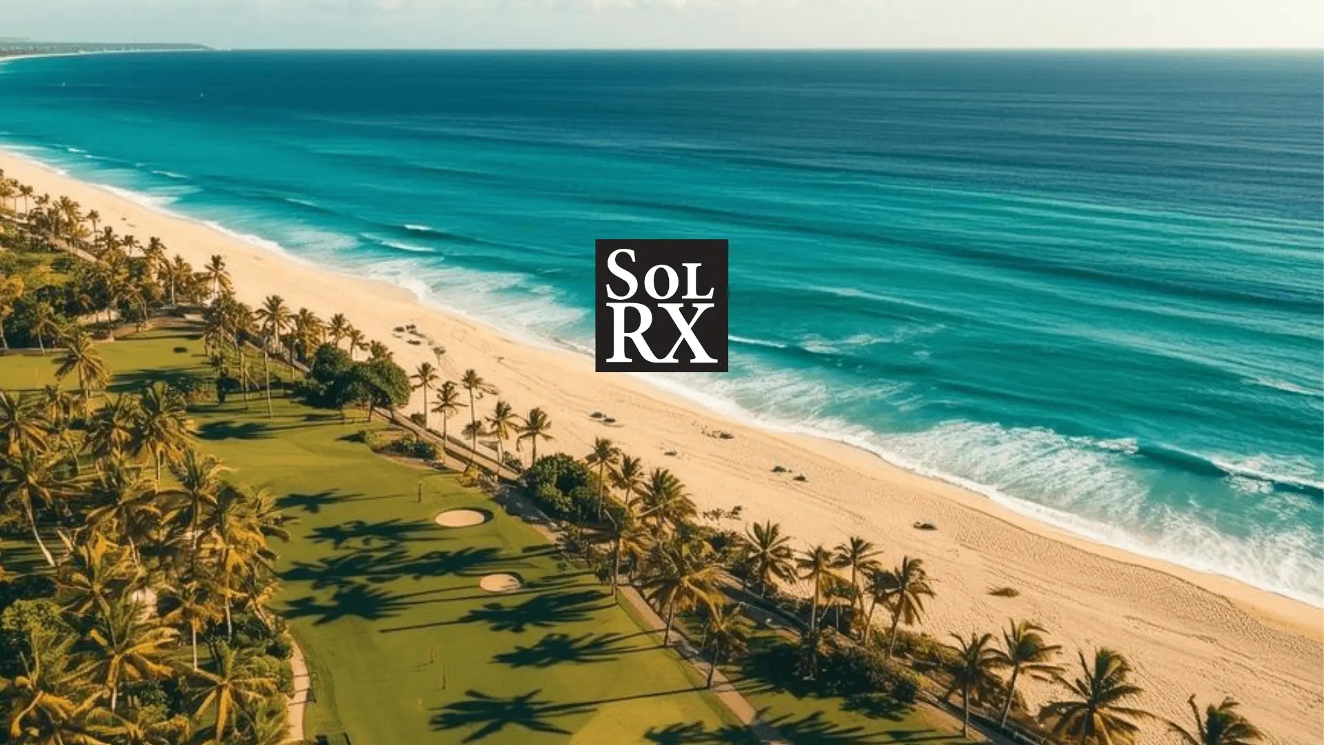 SolRX sunscreen desktop website banner with coastal beach view and high-performance sun protection branding
