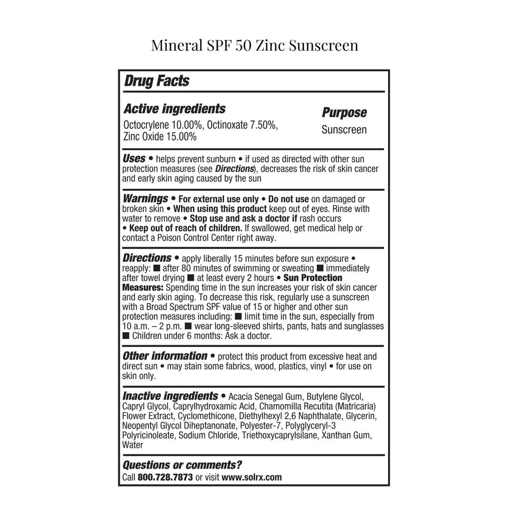Official Drug Facts and ingredients label for SolRX Mineral 50; includes usage directions and safety info
