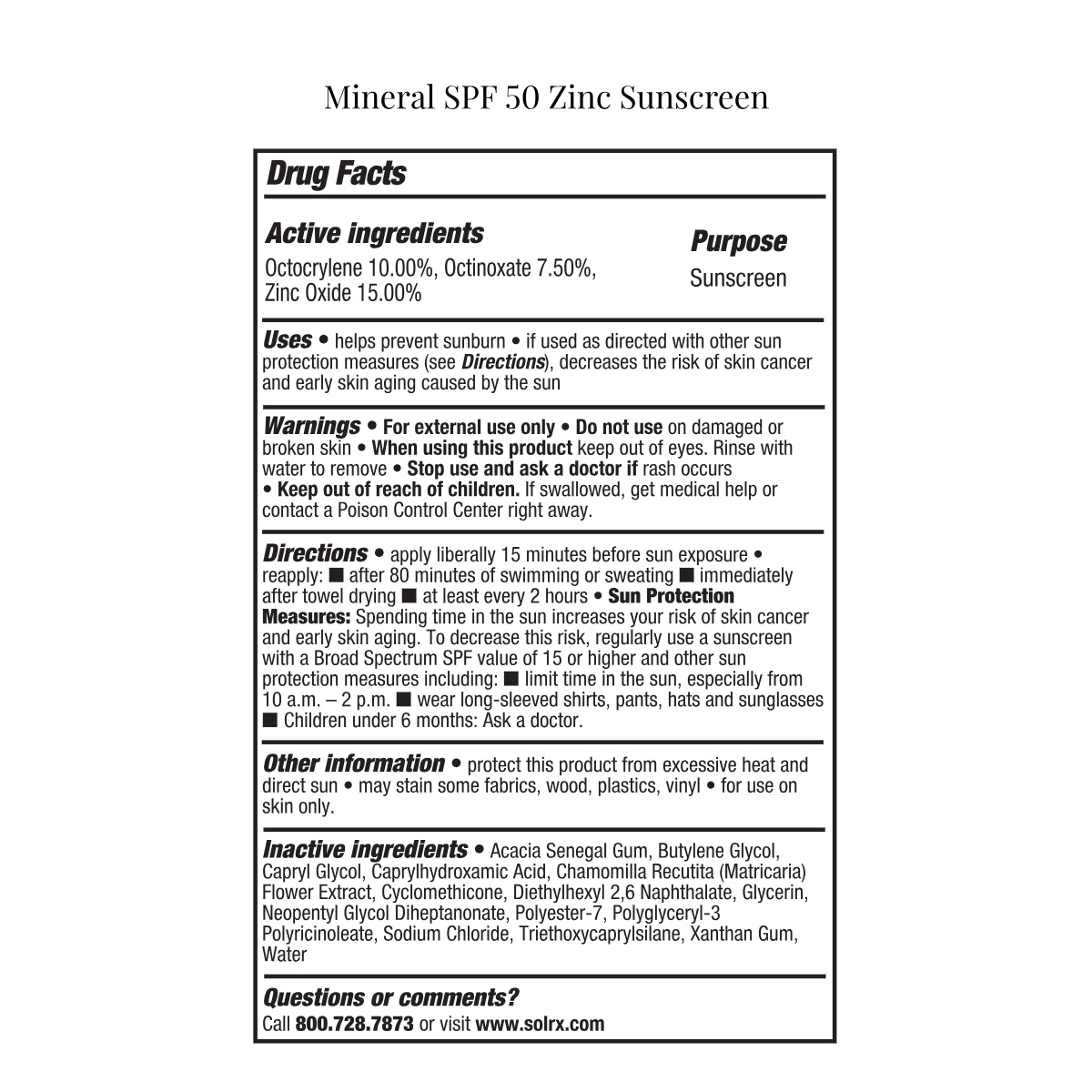 Official Drug Facts and ingredients label for SolRX Mineral 50; includes usage directions and safety info